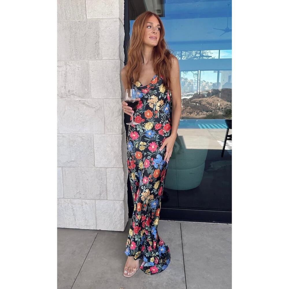 Show Me Your Mumu Hailey Slip Dress in Charm Peony Black Luxe Satin XS NWT